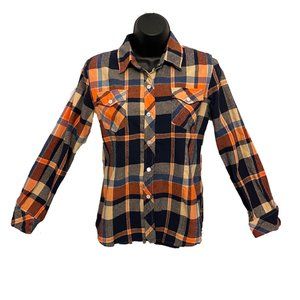 Plaid Button Down Shirt Navy/Orange 100% Cotton Long Sleeve Warm 2 Pockets